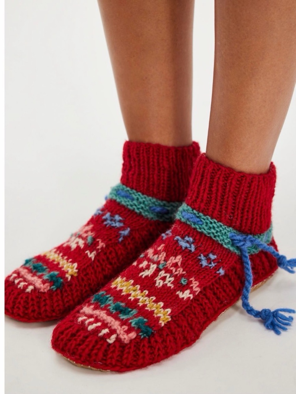 Cozy Wool Artisan Handmade Knit Red Women's Wool Slipper Shoe with Red Design